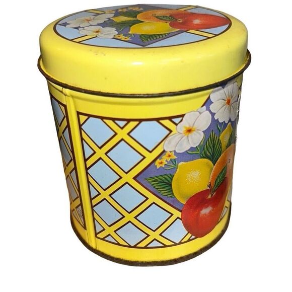 Vintage decorative Boston Apricot Tea Tin fruit + lid  yellow, fruit, flowers - Picture 9 of 9
